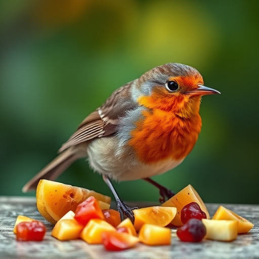 Robin nibbling on chopped fruit pieces