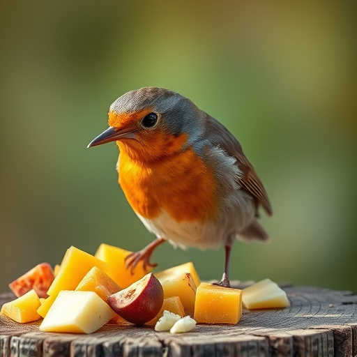 Robin nibbling on chopped fruit pieces