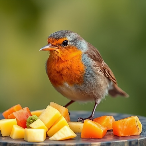 Robin nibbling on chopped fruit pieces