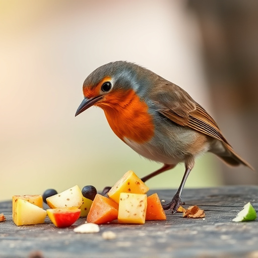 Robin nibbling on chopped fruit pieces