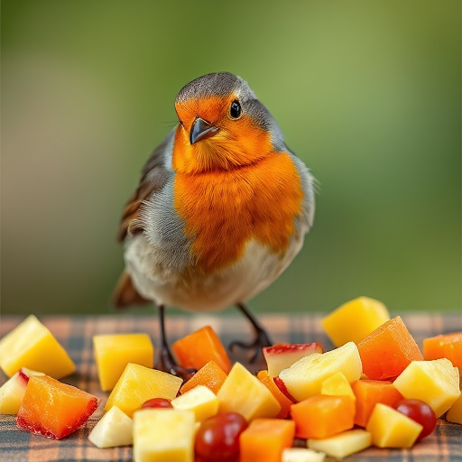 Robin nibbling on chopped fruit pieces