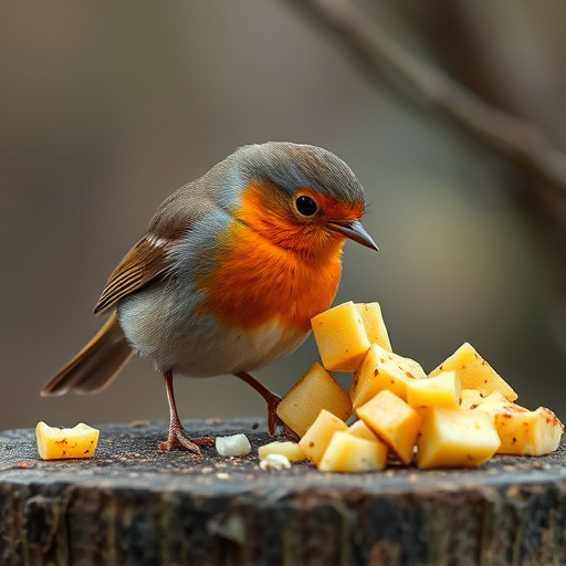 Robin nibbling on chopped fruit pieces