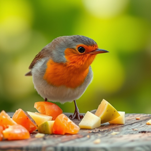 Robin nibbling on chopped fruit pieces