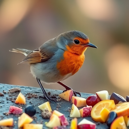 Robin nibbling on chopped fruit pieces