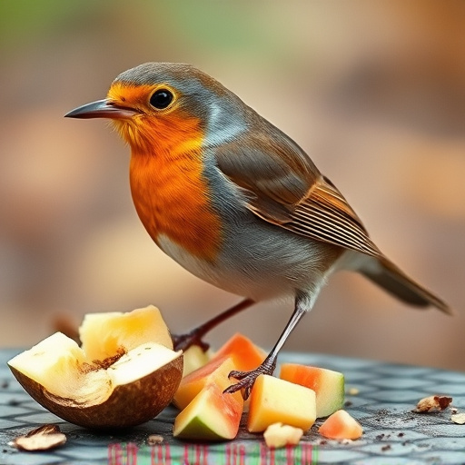 Robin nibbling on chopped fruit pieces