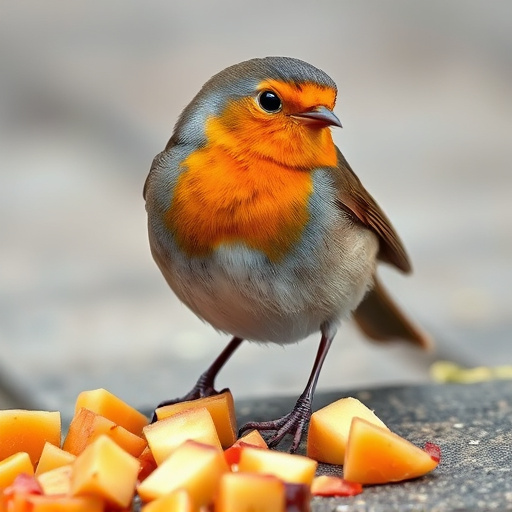 Robin nibbling on chopped fruit pieces