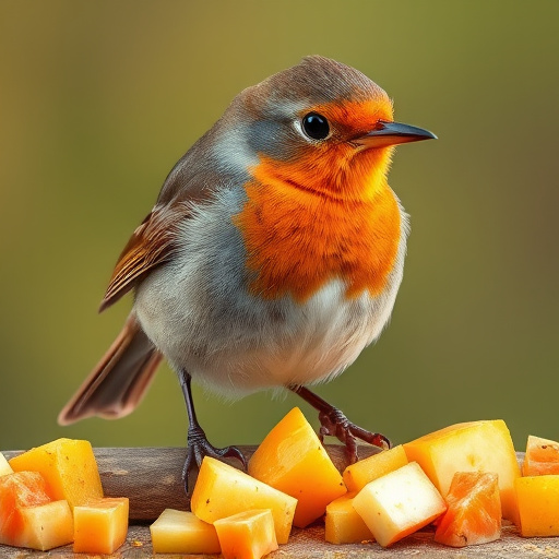 Robin nibbling on chopped fruit pieces