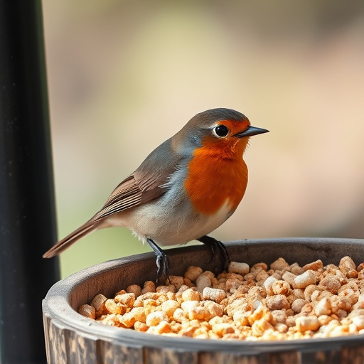 Robin on bird table with suet pellets