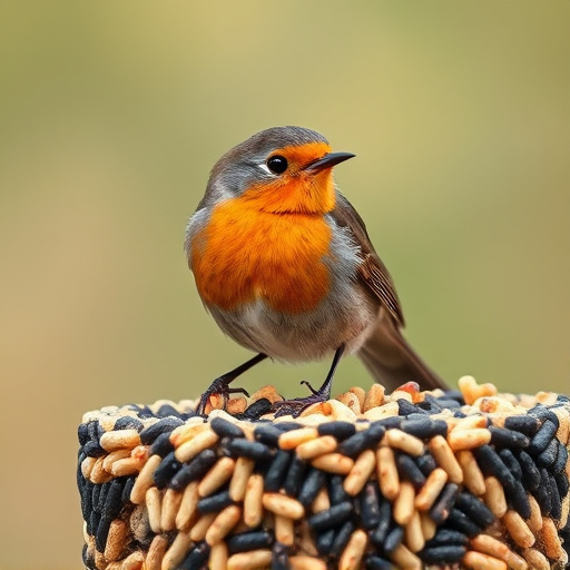 Robin on bird table with suet pellets