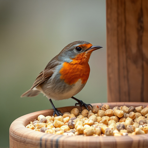 Robin on bird table with suet pellets