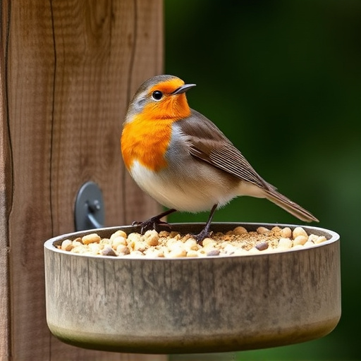 Robin on bird table with suet pellets
