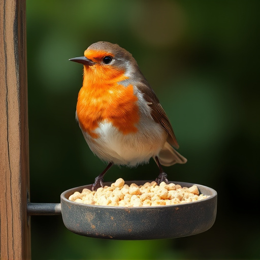 Robin on bird table with suet pellets