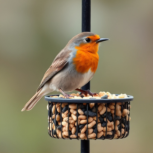 Robin on bird table with suet pellets
