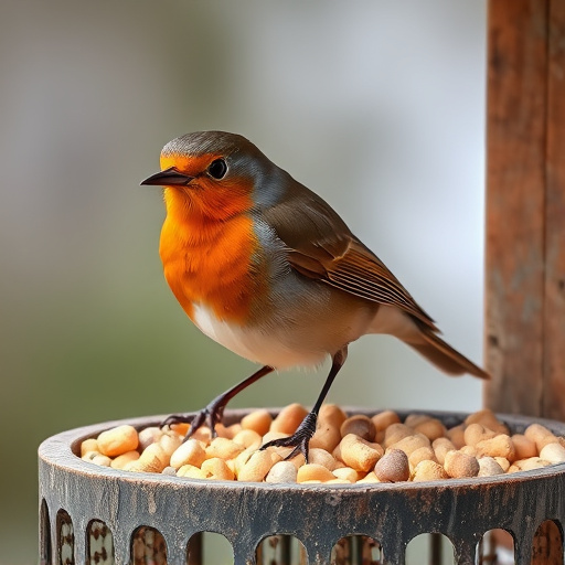 Robin on bird table with suet pellets