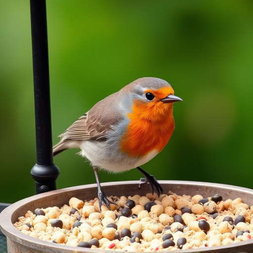 Robin on bird table with suet pellets