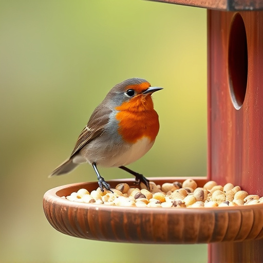 Robin on bird table with suet pellets