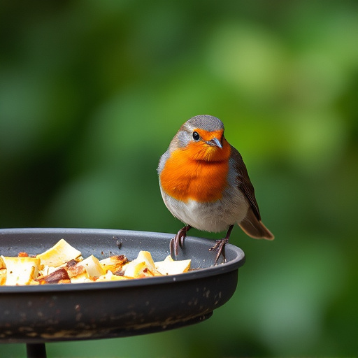 Robin pecking food from bird table