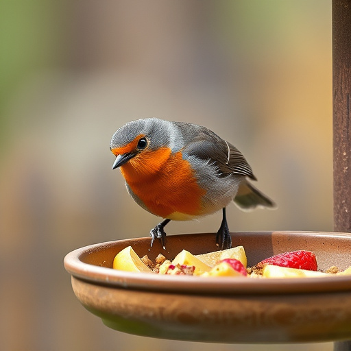 Robin pecking food from bird table