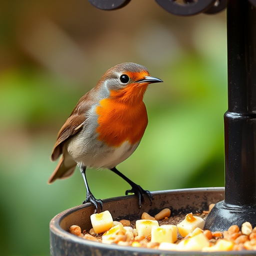 Robin pecking food from bird table
