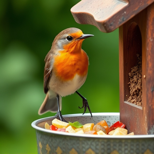 Robin pecking food from bird table