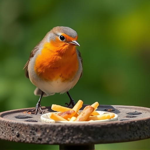 Robin pecking food from bird table