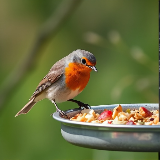 Robin pecking food from bird table