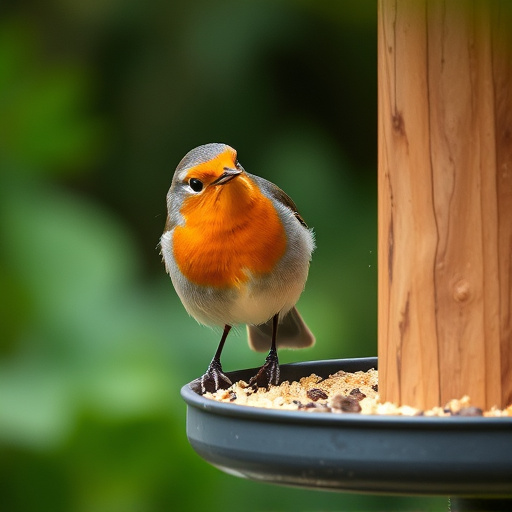 Robin pecking food from bird table