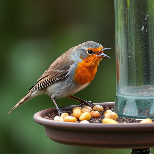Robin pecking food from bird table