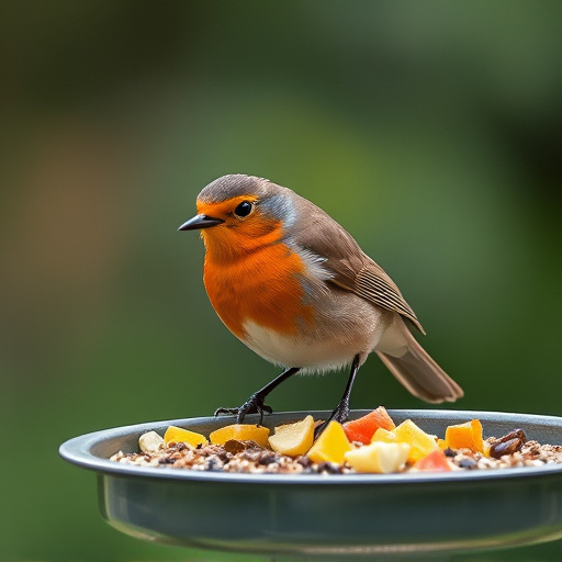 Robin pecking food from bird table