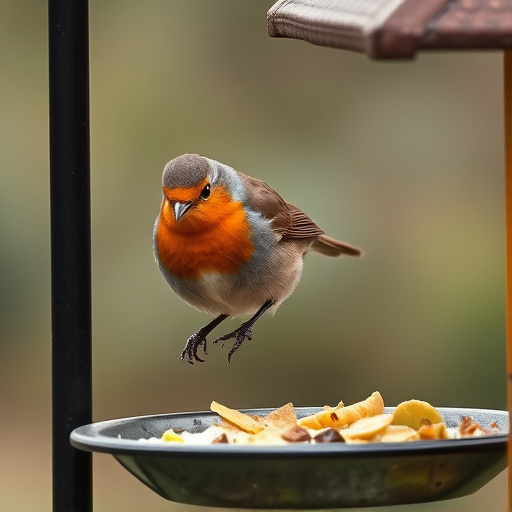 Robin pecking food from bird table