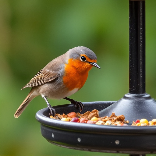 Robin pecking food from bird table