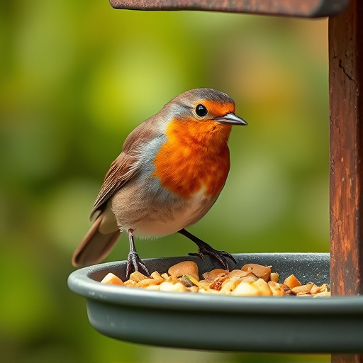 Robin pecking food from bird table