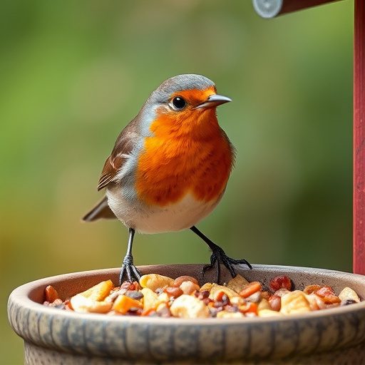Robin pecking food from bird table