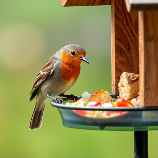 Robin pecking food from bird table