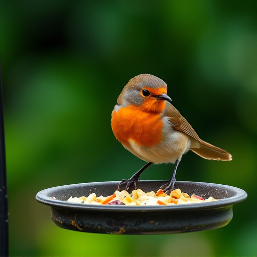 Robin pecking food from bird table