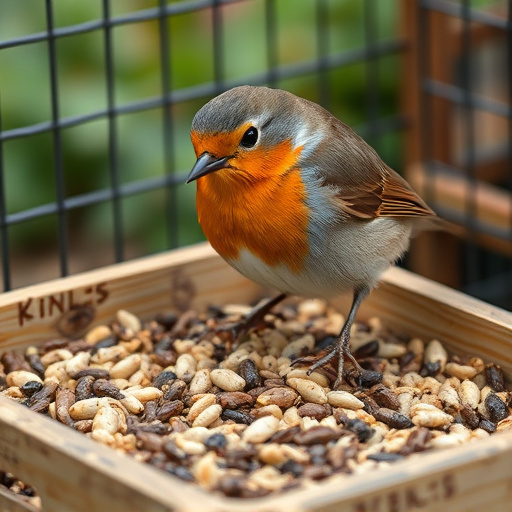 Robin pecking seed inside caged tray