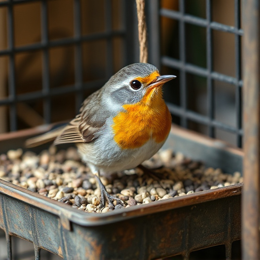 Robin pecking seed inside caged tray