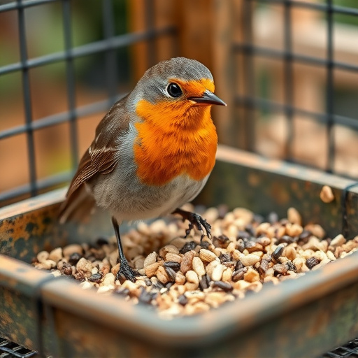 Robin pecking seed inside caged tray