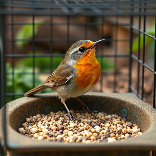 Robin pecking seed inside caged tray