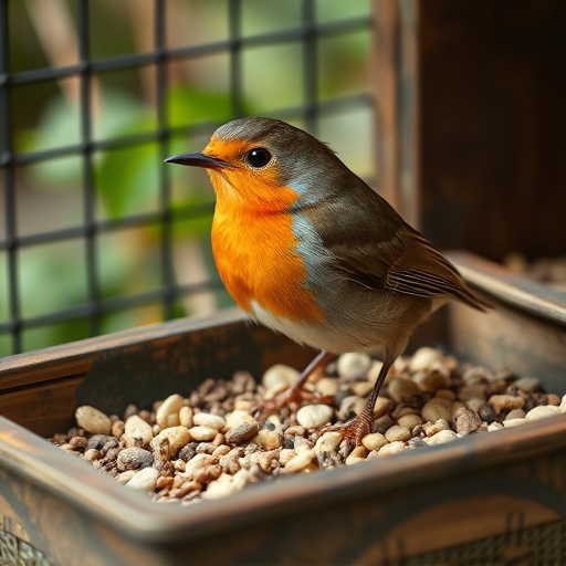 Robin pecking seed inside caged tray