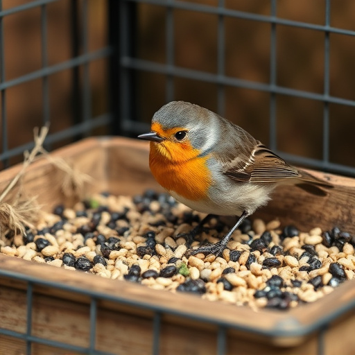 Robin pecking seed inside caged tray