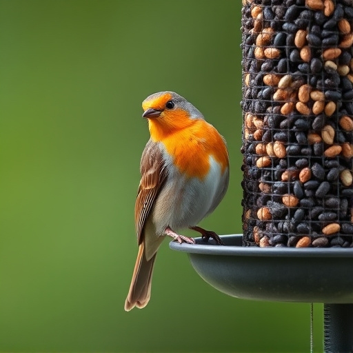 Robin perched beside a seed feeder