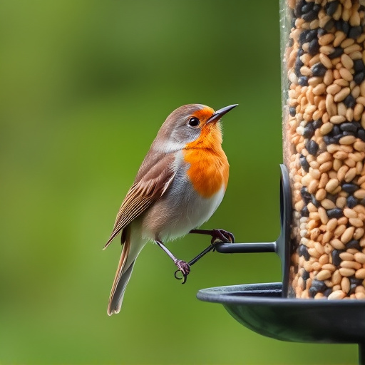 Robin perched beside a seed feeder