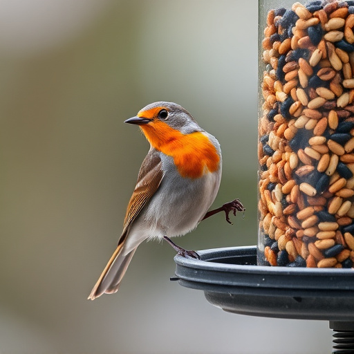 Robin perched beside a seed feeder