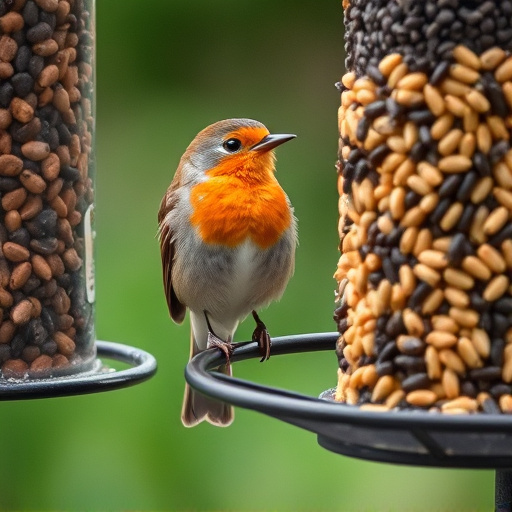 Robin perched beside a seed feeder