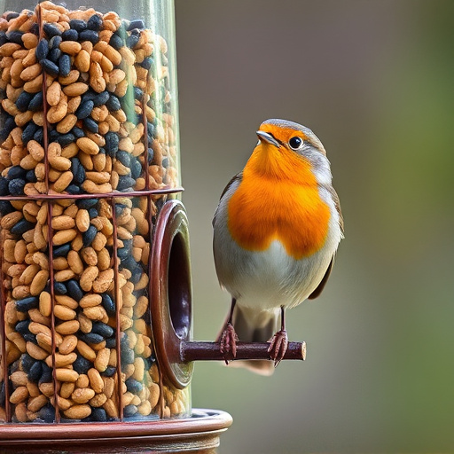 Robin perched beside a seed feeder