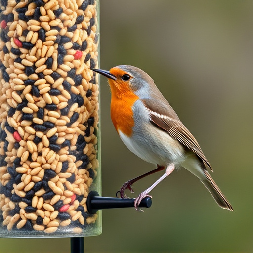 Robin perched beside a seed feeder