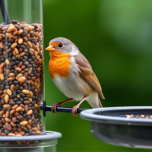 Robin perched beside a seed feeder