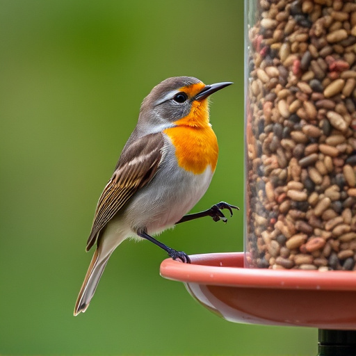 Robin perched beside a seed feeder