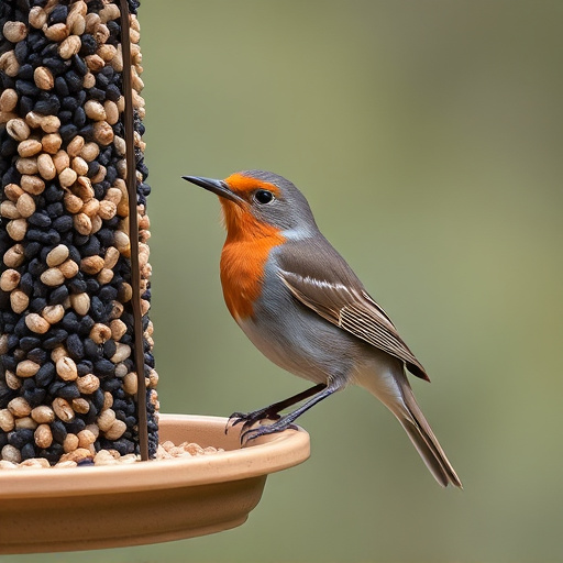 Robin perched beside a seed feeder